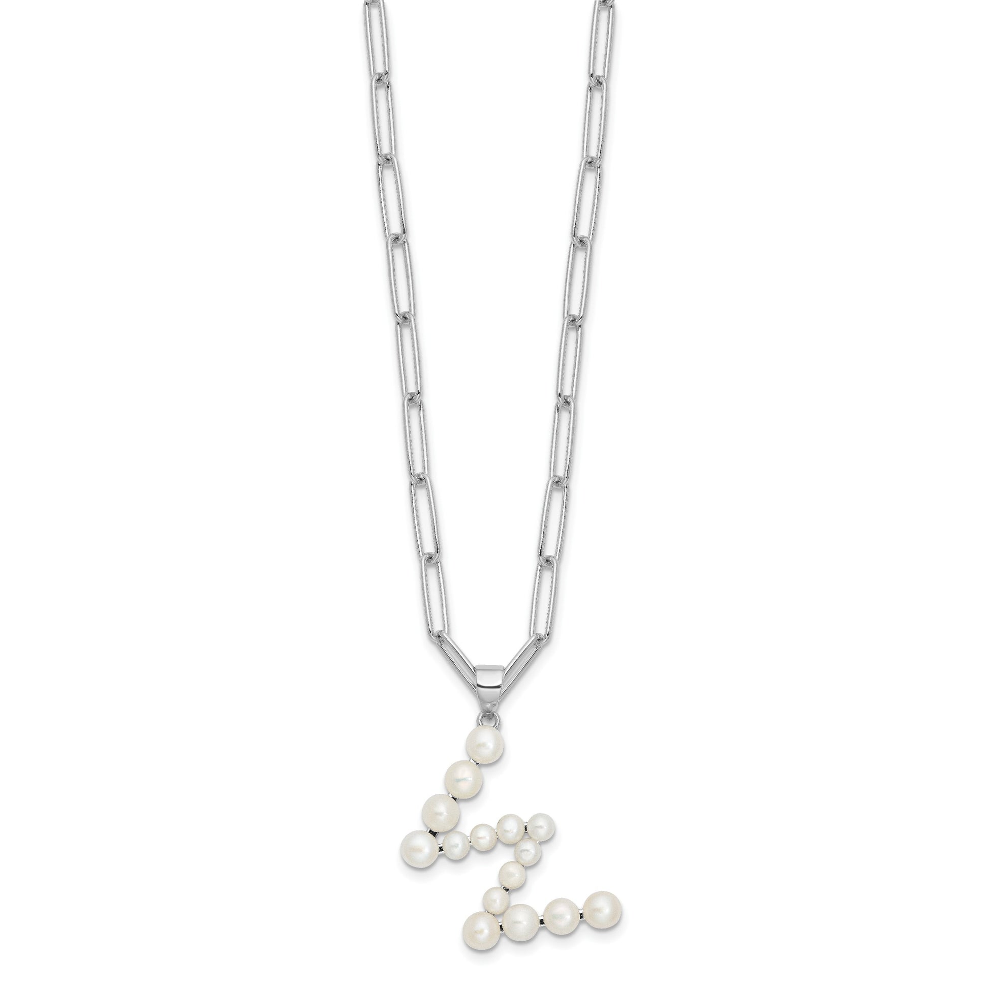 Sterling Silver Rhodium-plated 3-5.5mm White Button Freshwater Cultured Pearl LETTER W 18 inch Necklace