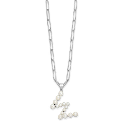 Sterling Silver Rhodium-plated 3-5.5mm White Button Freshwater Cultured Pearl LETTER W 18 inch Necklace