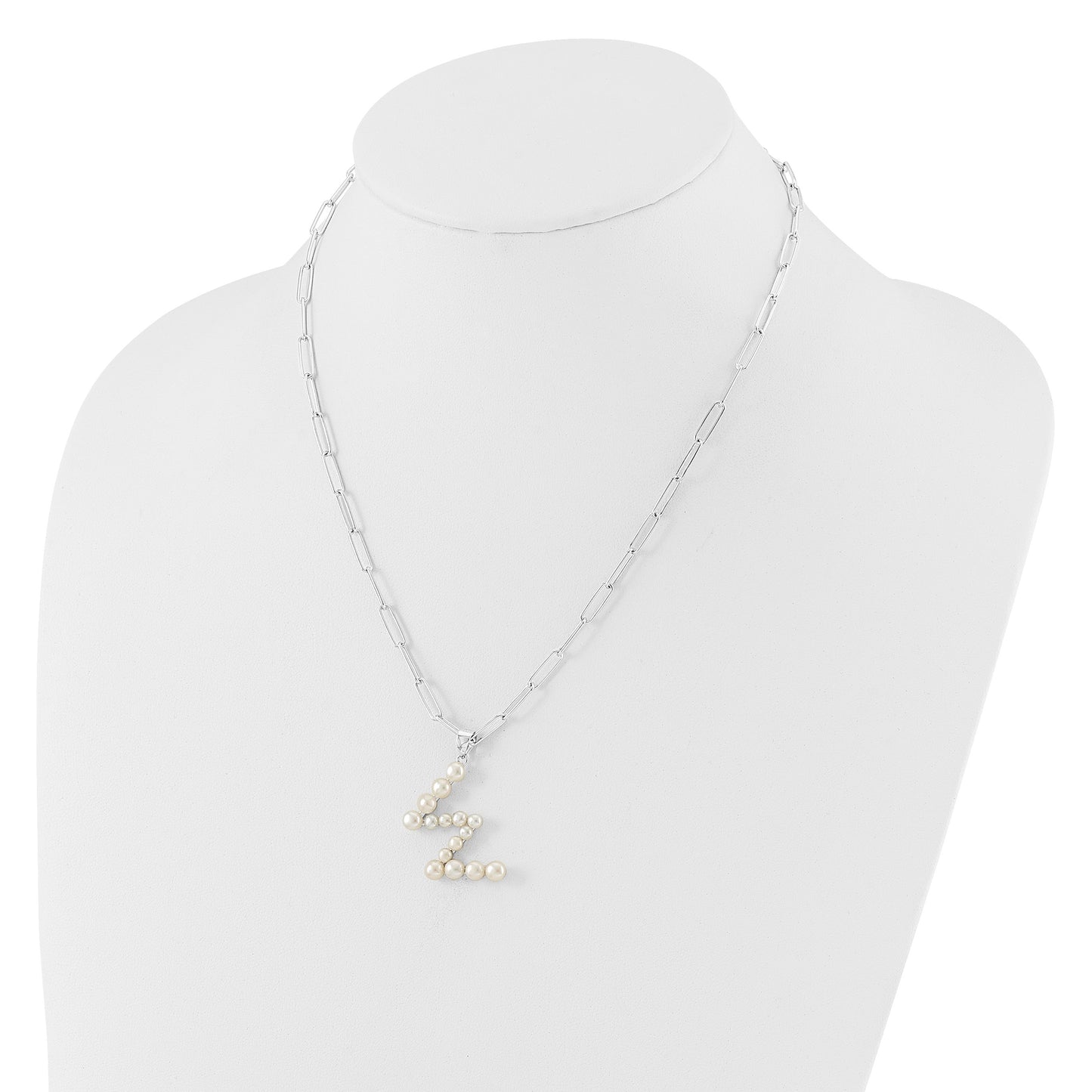 Sterling Silver Rhodium-plated 3-5.5mm White Button Freshwater Cultured Pearl LETTER W 18 inch Necklace