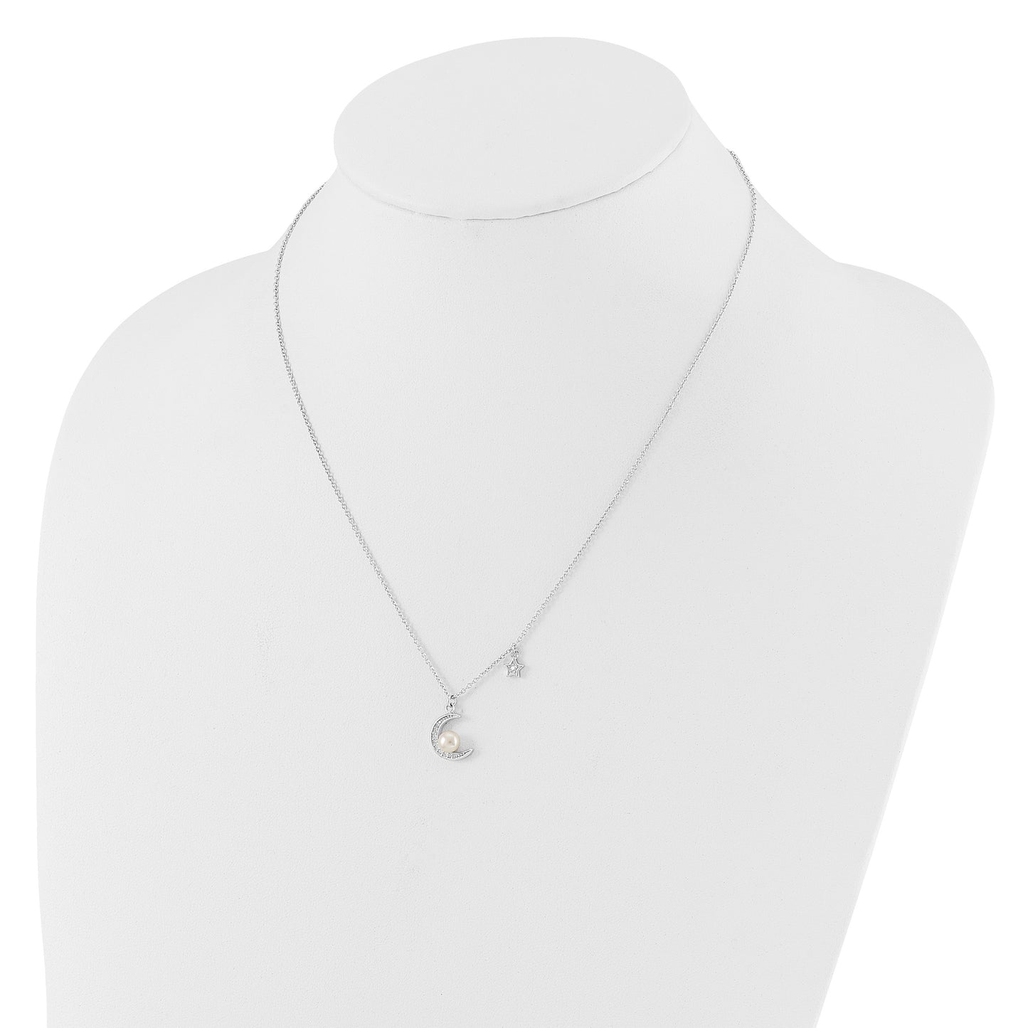 Sterling Silver Rhod-plated CZ and FWC Pearl Moon and Star 18in Necklace