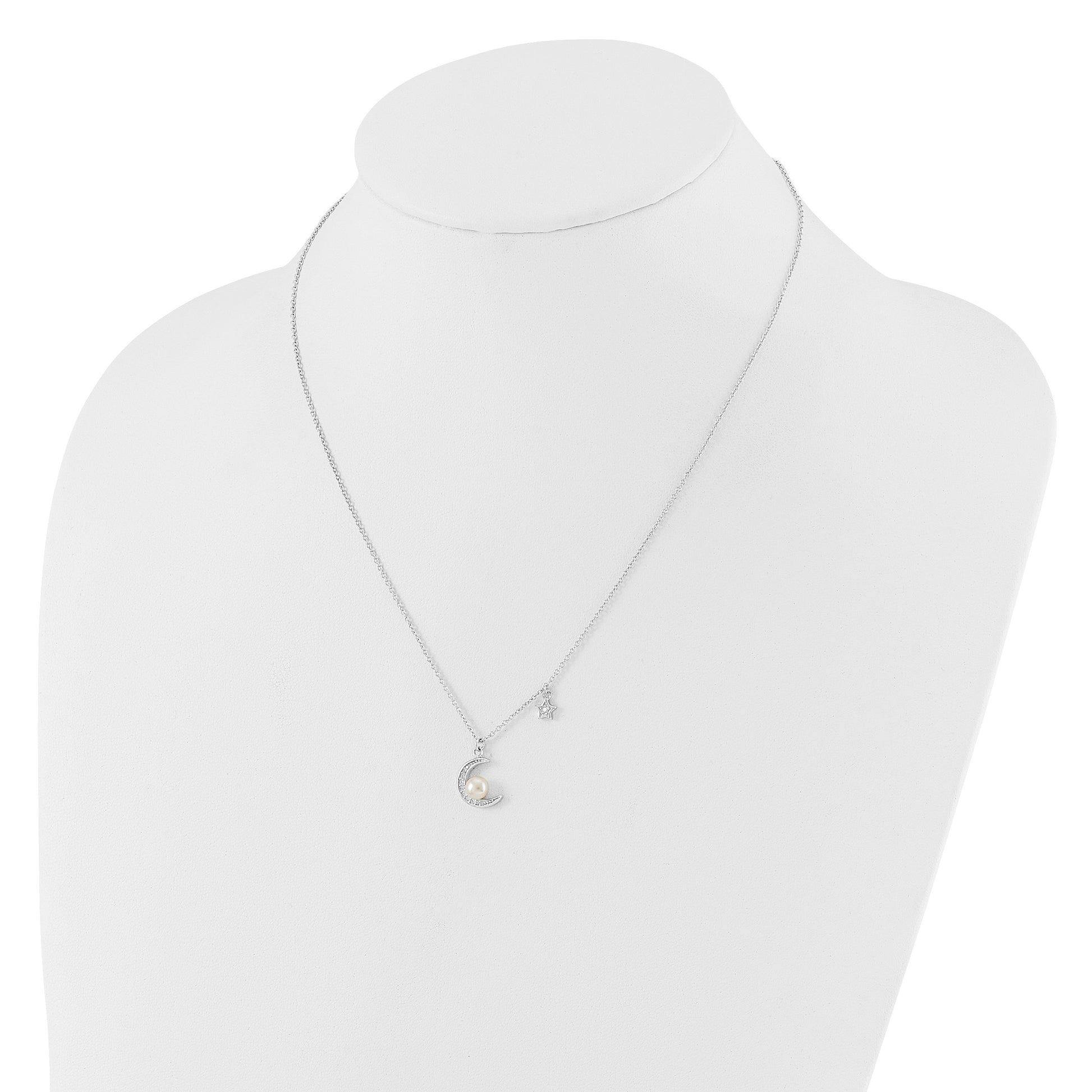 Sterling Silver Rhod-plated CZ and FWC Pearl Moon and Star 18in Necklace