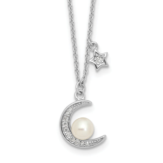 Sterling Silver Rhod-plated CZ and FWC Pearl Moon and Star 18in Necklace