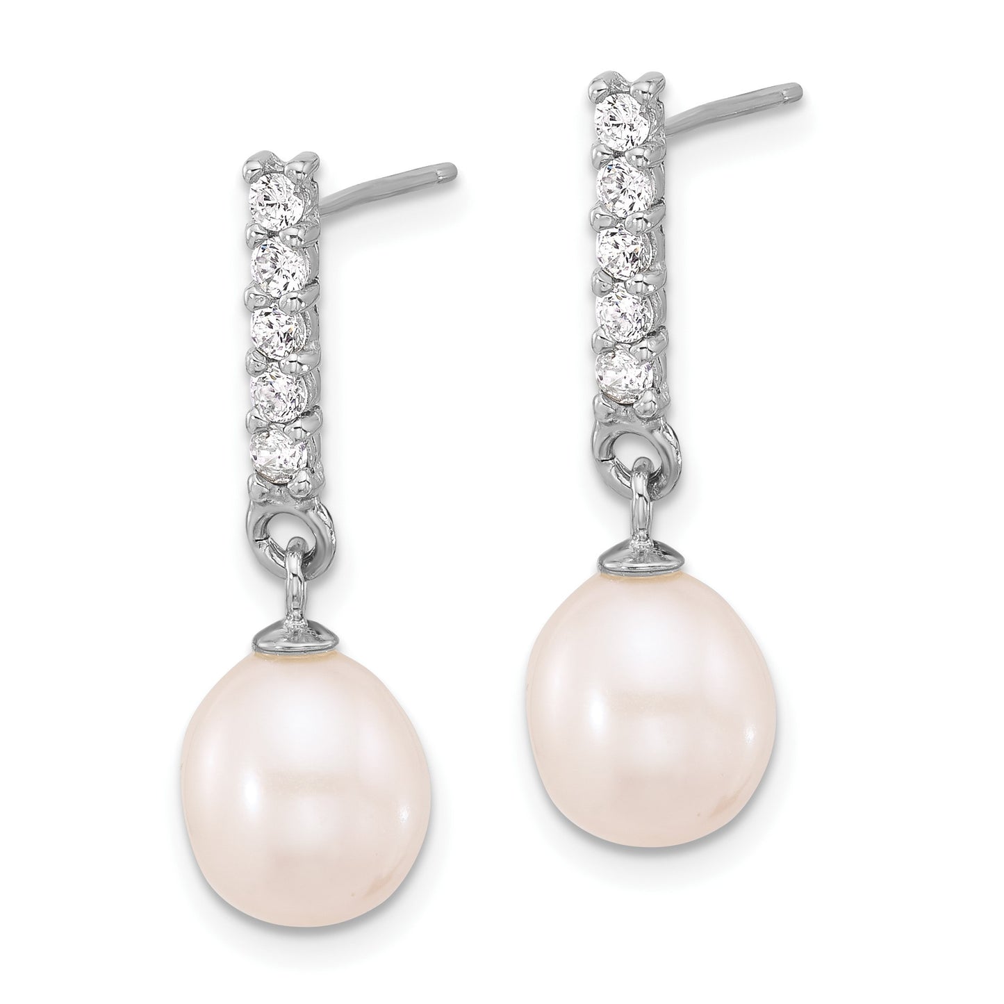 Sterling Silver Rhodium-plated Teardrop Freshwater Cultured Pearl and CZ 17 inch Necklace and Post Earrings Set