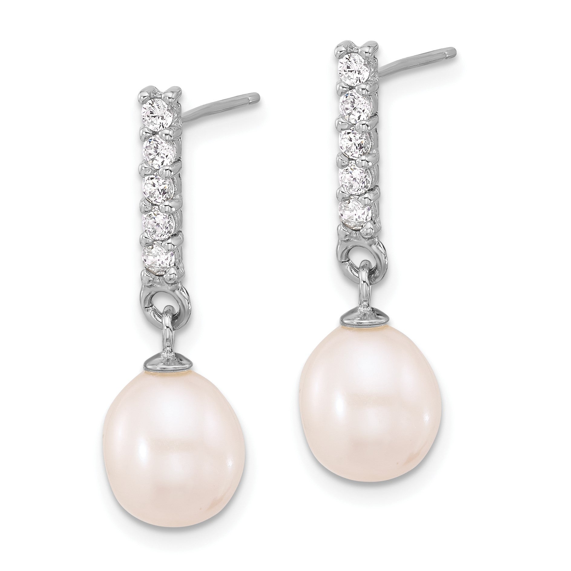 Sterling Silver Rhodium-plated Teardrop Freshwater Cultured Pearl and CZ 17 inch Necklace and Post Earrings Set