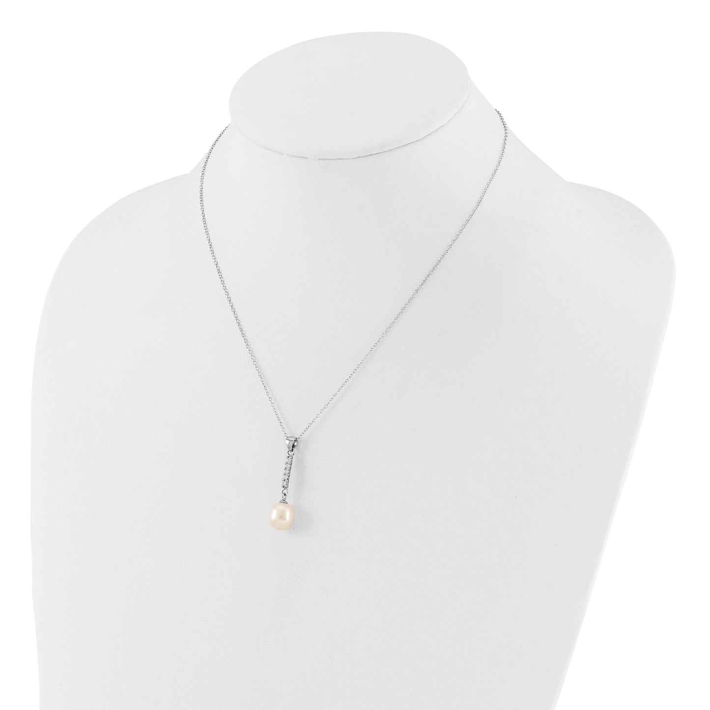 Sterling Silver Rhodium-plated Teardrop Freshwater Cultured Pearl and CZ 17 inch Necklace and Post Earrings Set