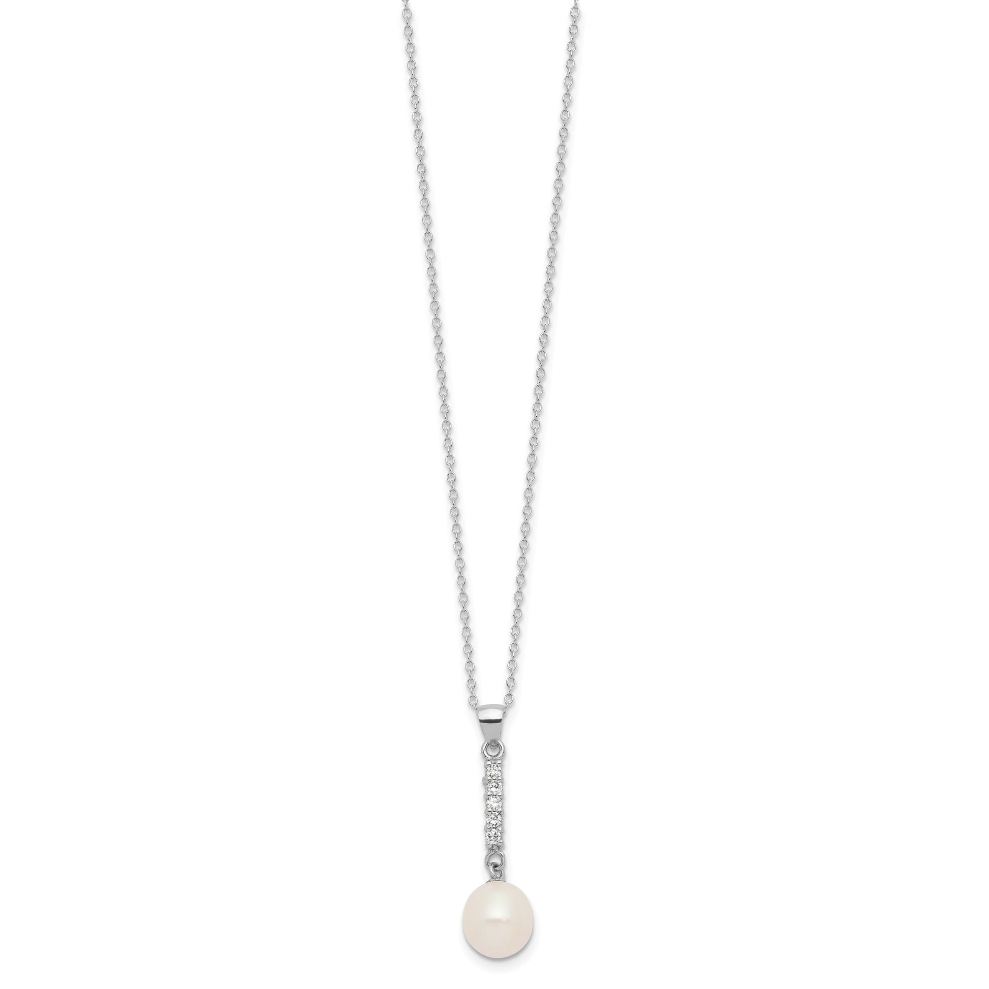 Sterling Silver Rhodium-plated Teardrop Freshwater Cultured Pearl and CZ 17 inch Necklace and Post Earrings Set
