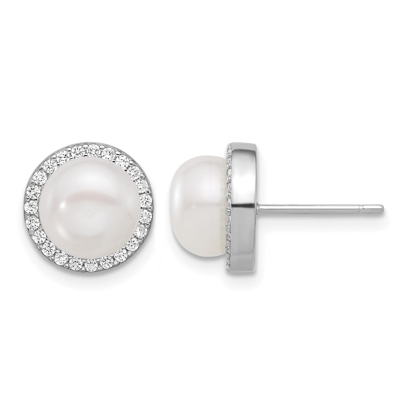Sterling Silver Rhodium-plated 8-9.5mm White Button Freshwater Cultured Pearl and CZ 17 inch Necklace and Post Earrings Set