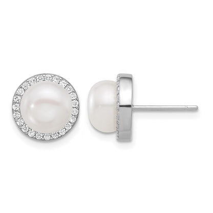 Sterling Silver Rhodium-plated 8-9.5mm White Button Freshwater Cultured Pearl and CZ 17 inch Necklace and Post Earrings Set