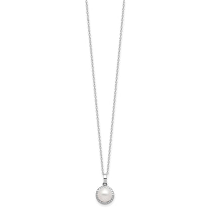 Sterling Silver Rhodium-plated 8-9.5mm White Button Freshwater Cultured Pearl and CZ 17 inch Necklace and Post Earrings Set