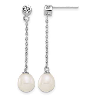 Sterling Silver Rhodium-plated 7-8mm White Teardrop Freshwater Cultured Pearl and CZ 17 inch Necklace and Post Dangle Earrings Set