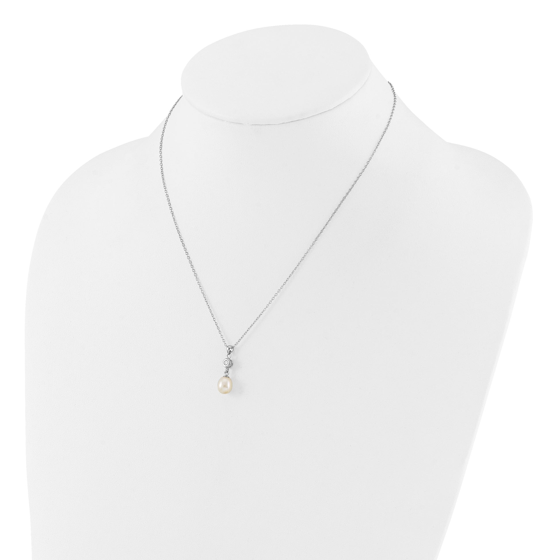 Sterling Silver Rhodium-plated 7-8mm White Teardrop Freshwater Cultured Pearl and CZ 17 inch Necklace and Post Dangle Earrings Set