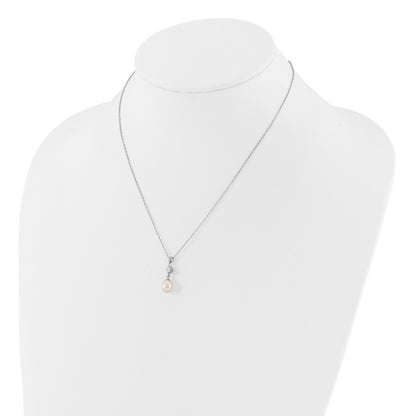 Sterling Silver Rhodium-plated 7-8mm White Teardrop Freshwater Cultured Pearl and CZ 17 inch Necklace and Post Dangle Earrings Set