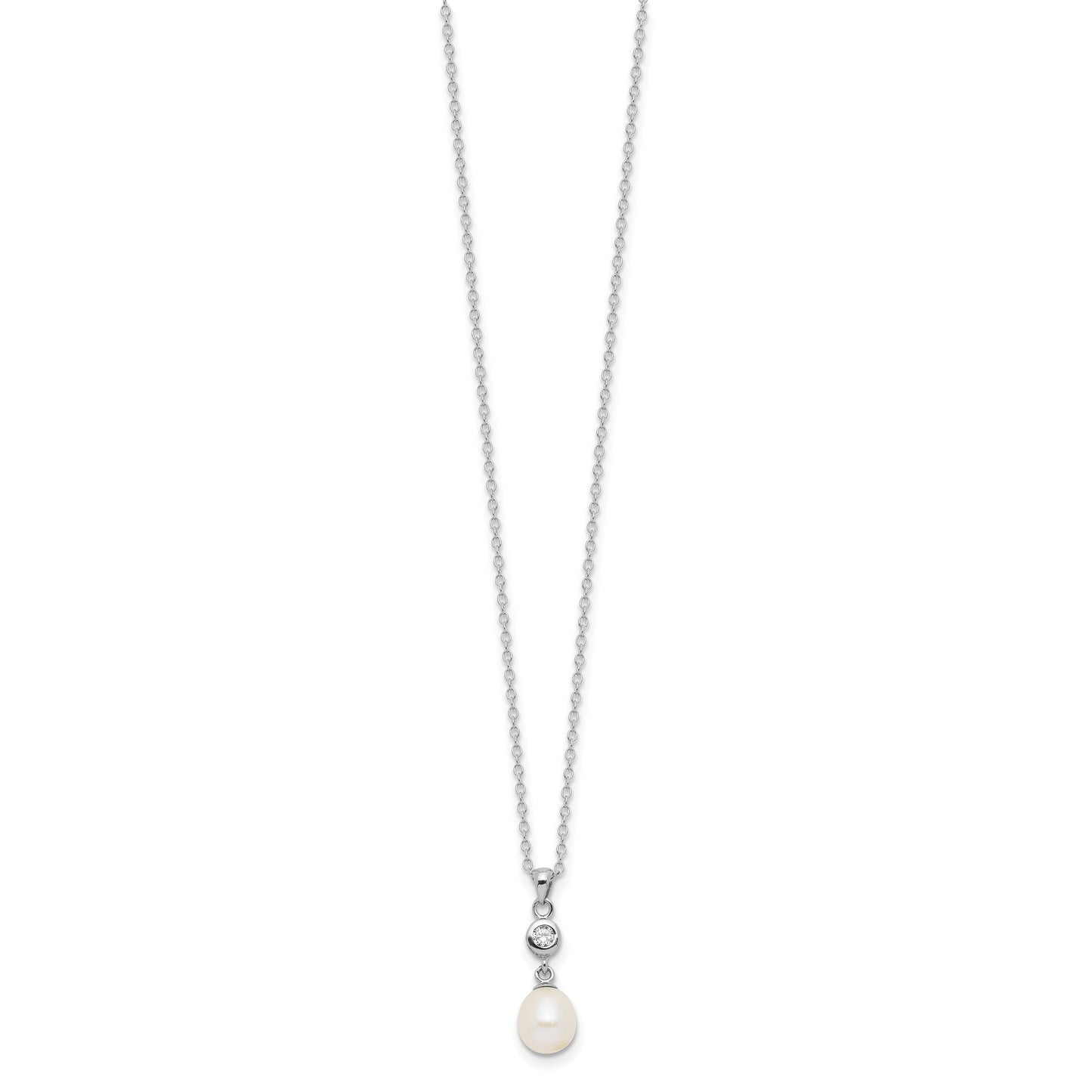 Sterling Silver Rhodium-plated 7-8mm White Teardrop Freshwater Cultured Pearl and CZ 17 inch Necklace and Post Dangle Earrings Set