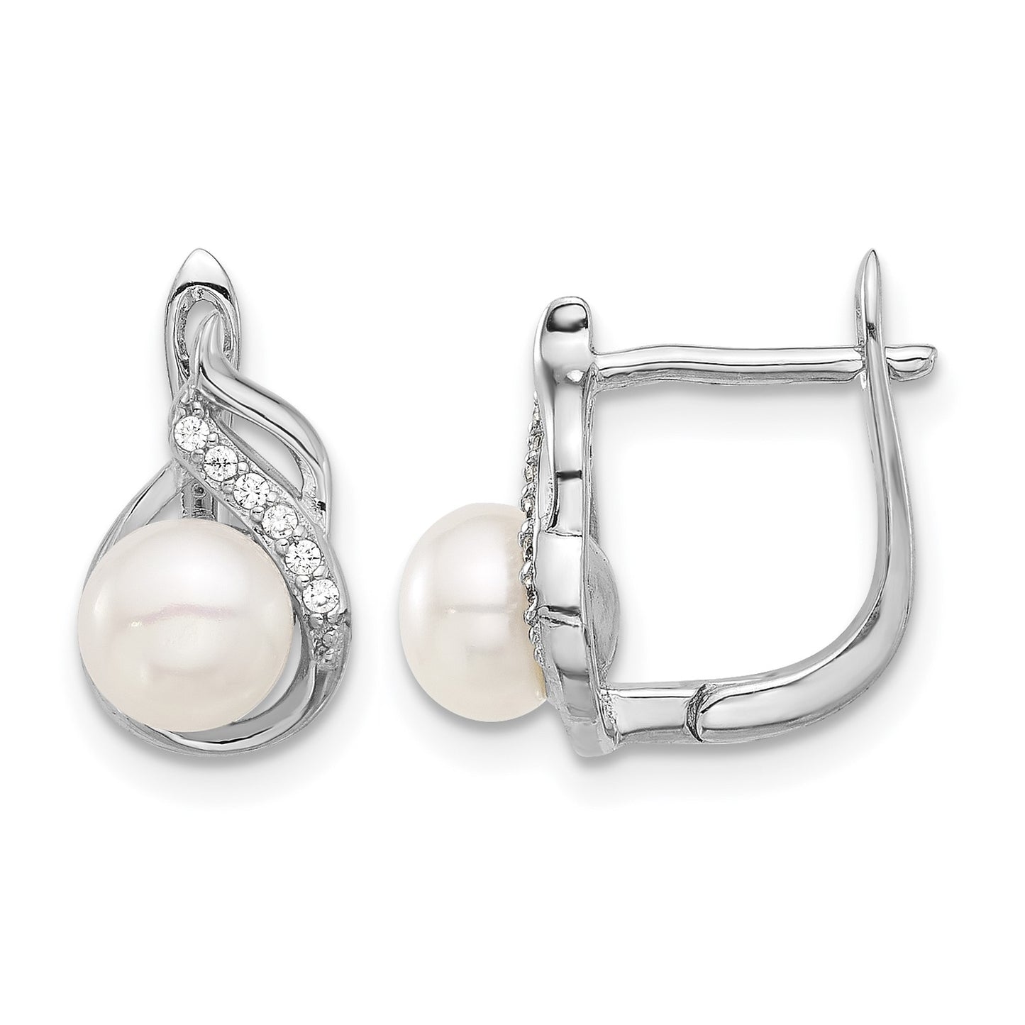 Sterling Silver Rhodium-plated 6-9mm White Button Freshwater Cultured Pearl and CZ 17 inch Necklace and Leverback Earrings Set