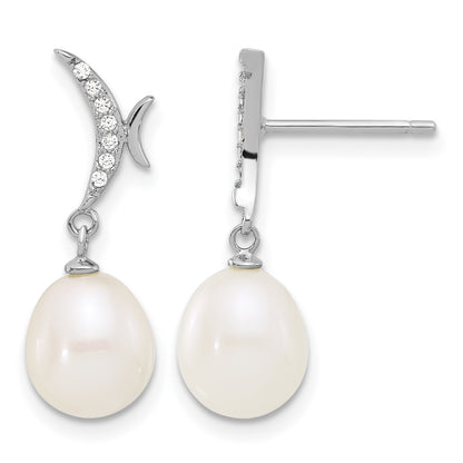 Sterling Silver Rhodium-plated 7-9mm White Teardrop Freshwater Cultured Pearl and CZ 18 inch Necklace and Post Dangle Earrings Set