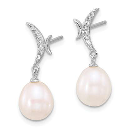 Sterling Silver Rhodium-plated 7-9mm White Teardrop Freshwater Cultured Pearl and CZ 18 inch Necklace and Post Dangle Earrings Set
