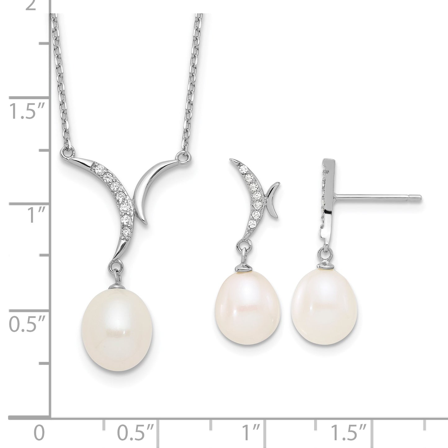 Sterling Silver Rhodium-plated 7-9mm White Teardrop Freshwater Cultured Pearl and CZ 18 inch Necklace and Post Dangle Earrings Set