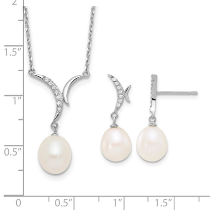 Sterling Silver Rhodium-plated 7-9mm White Teardrop Freshwater Cultured Pearl and CZ 18 inch Necklace and Post Dangle Earrings Set