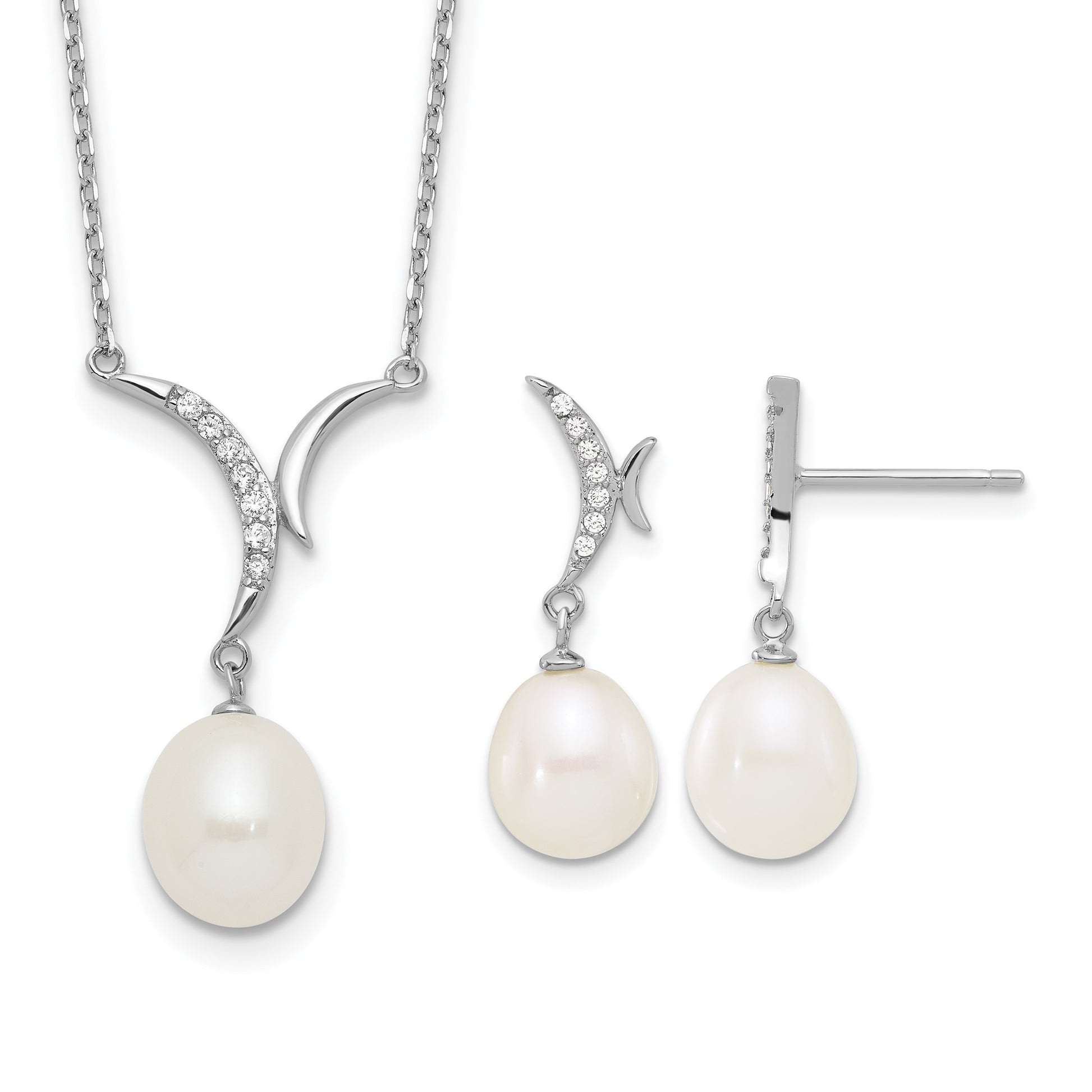 Sterling Silver Rhodium-plated 7-9mm White Teardrop Freshwater Cultured Pearl and CZ 18 inch Necklace and Post Dangle Earrings Set