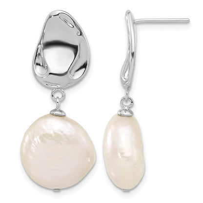 Sterling Silver Rhodium-plated 13-14mm White Coin Freshwater Cultured Pearl 17 inch Necklace and Post Dangle Earrings Set