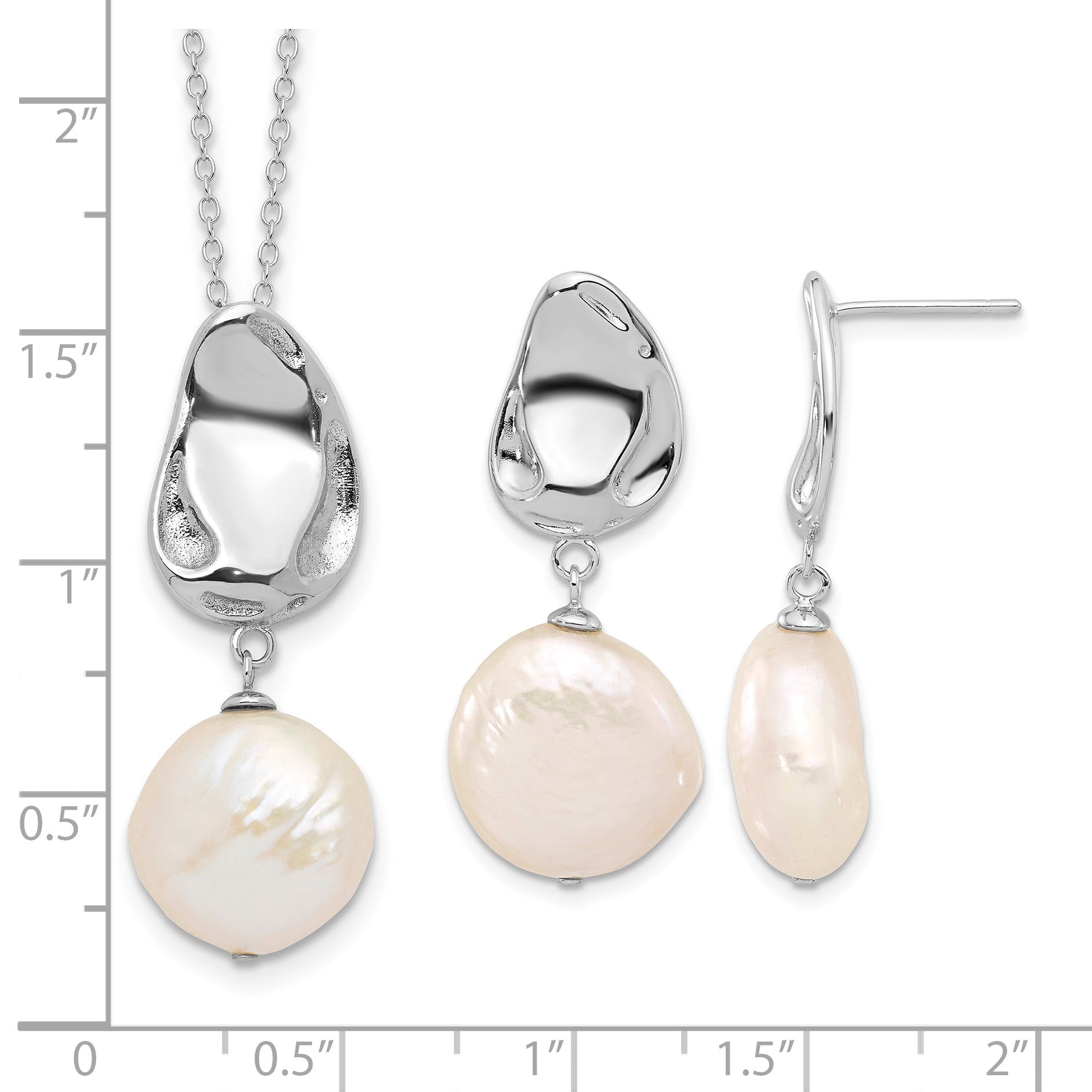 Sterling Silver Rhodium-plated 13-14mm White Coin Freshwater Cultured Pearl 17 inch Necklace and Post Dangle Earrings Set