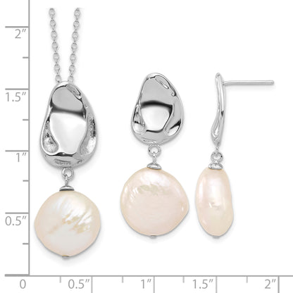 Sterling Silver Rhodium-plated 13-14mm White Coin Freshwater Cultured Pearl 17 inch Necklace and Post Dangle Earrings Set