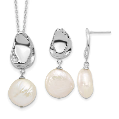 Sterling Silver Rhodium-plated 13-14mm White Coin Freshwater Cultured Pearl 17 inch Necklace and Post Dangle Earrings Set