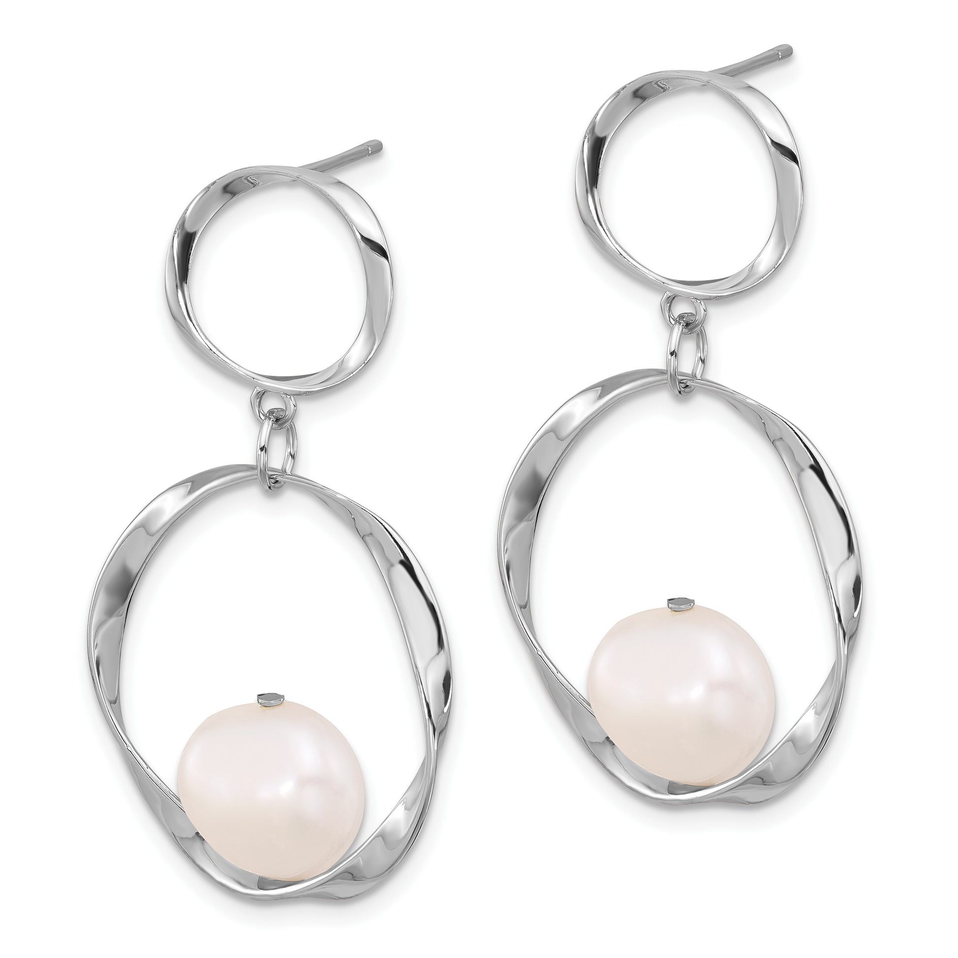 Sterling Silver Rhodium-plated 10-11mm White Button Freshwater Cultured Pearl 15.5 inch with 1.75 inch Necklace and Post Dangle Earrings Set