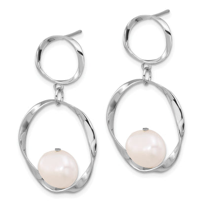 Sterling Silver Rhodium-plated 10-11mm White Button Freshwater Cultured Pearl 15.5 inch with 1.75 inch Necklace and Post Dangle Earrings Set