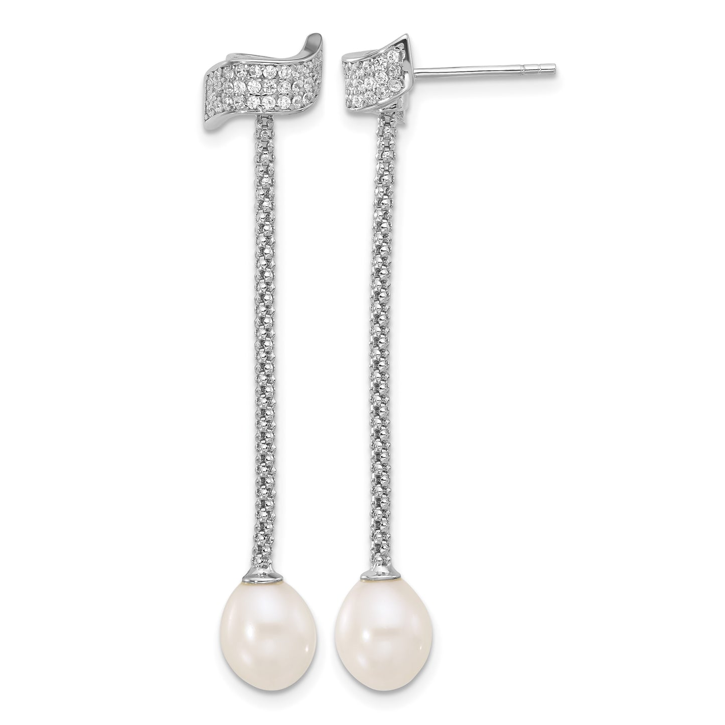 Sterling Silver Rhodium-plated 8-10mm White Teardrop Freshwater Cultured Pearl and CZ 18 inch with 2 inch Extension Necklace and Post Dangle Earrings Set