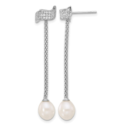 Sterling Silver Rhodium-plated 8-10mm White Teardrop Freshwater Cultured Pearl and CZ 18 inch with 2 inch Extension Necklace and Post Dangle Earrings Set