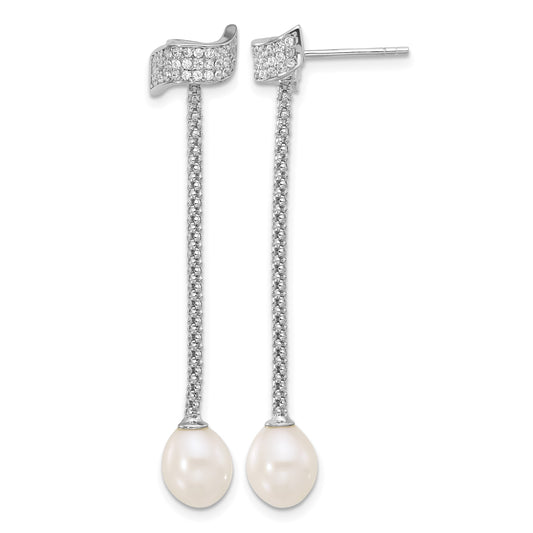 Sterling Silver Rhodium-plated 8-10mm White Teardrop Freshwater Cultured Pearl and CZ 18 inch with 2 inch Extension Necklace and Post Dangle Earrings Set