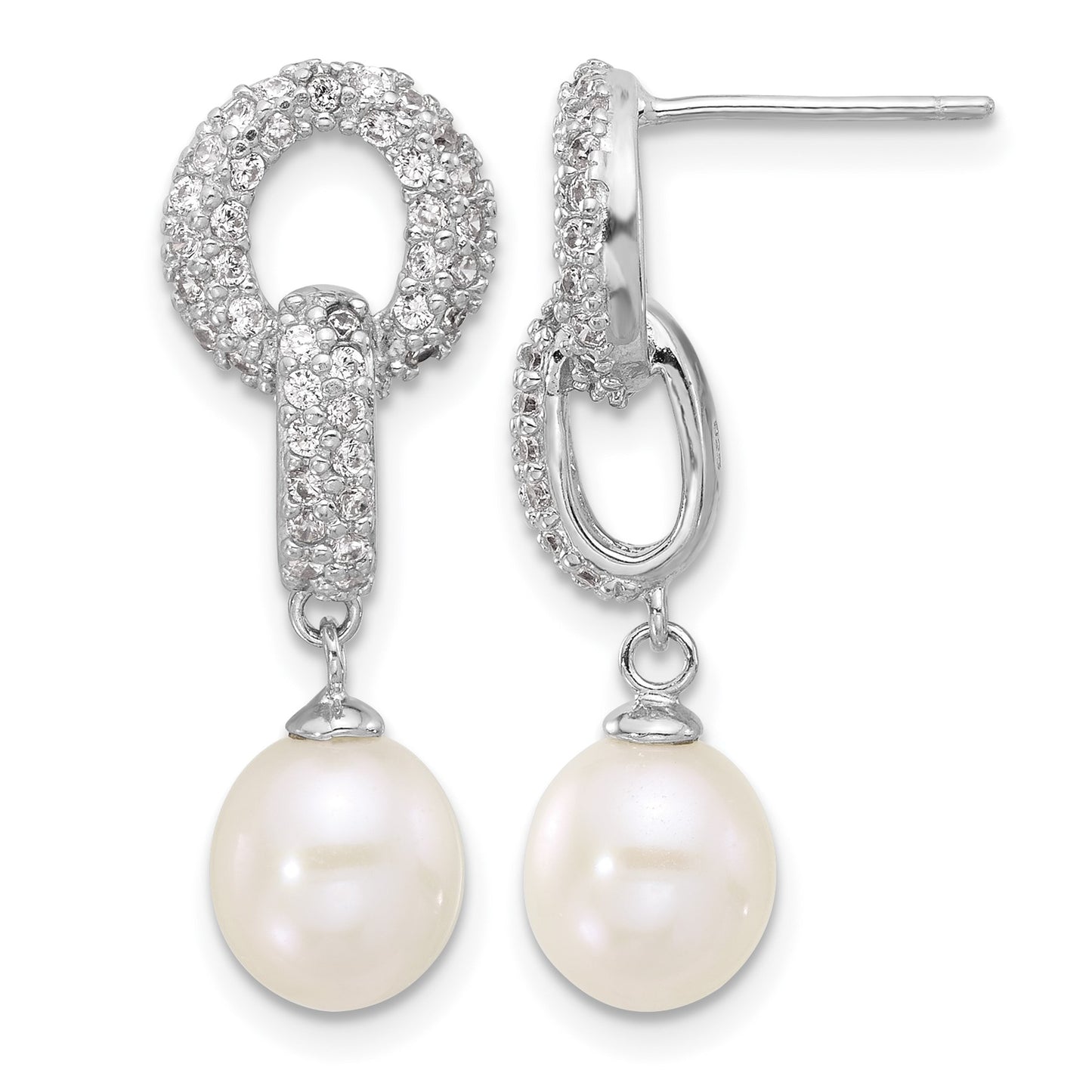 Sterling Silver Rhodium-plated 7-9mm White Teardrop Freshwater Cultured Pearl and CZ 17 inch Necklace and Post Dangle Earrings Set