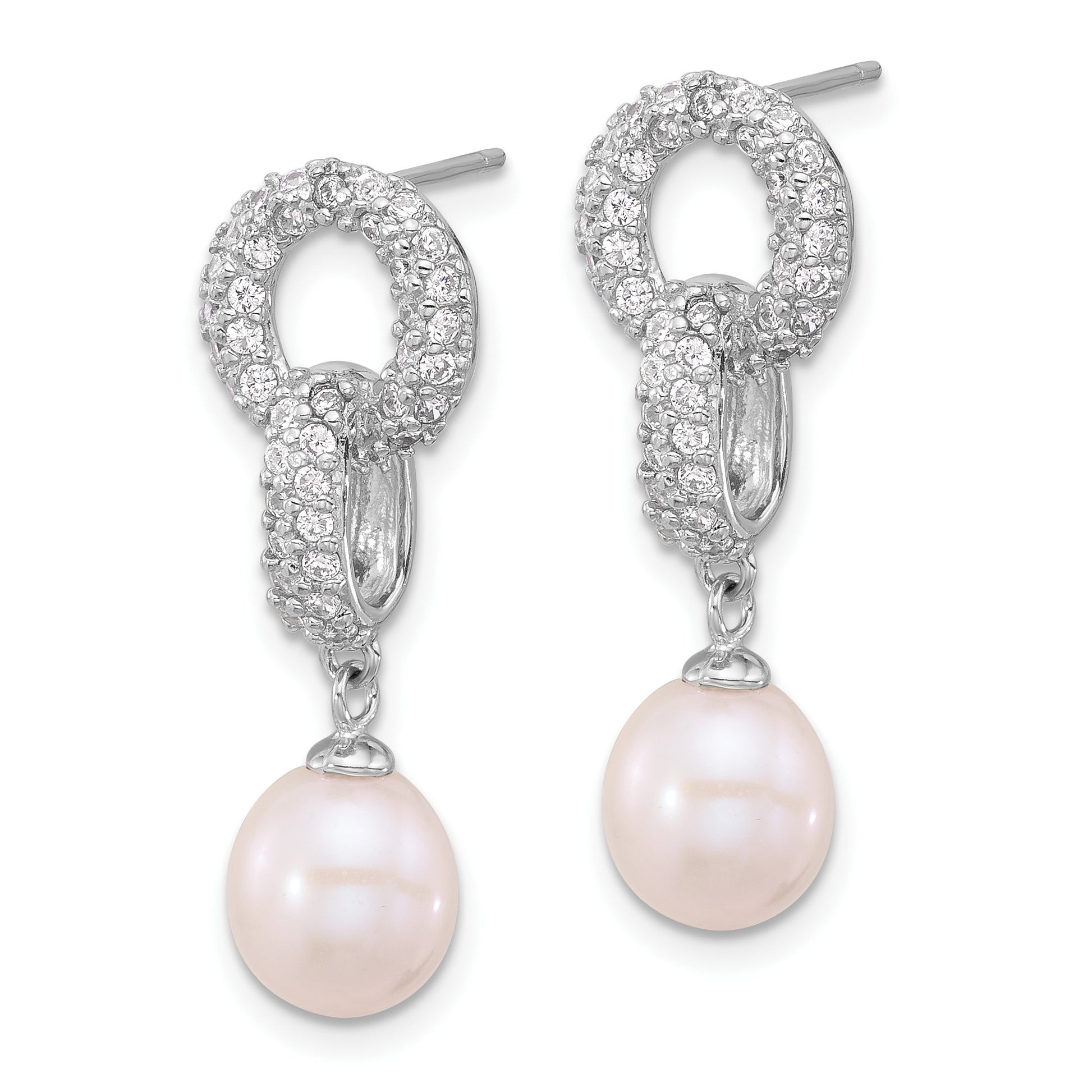 Sterling Silver Rhodium-plated 7-9mm White Teardrop Freshwater Cultured Pearl and CZ 17 inch Necklace and Post Dangle Earrings Set