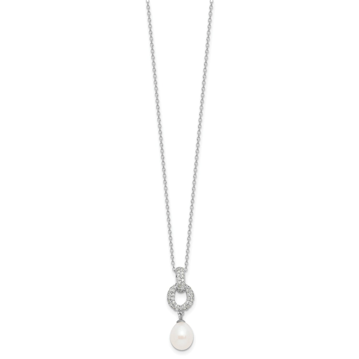 Sterling Silver Rhodium-plated 7-9mm White Teardrop Freshwater Cultured Pearl and CZ 17 inch Necklace and Post Dangle Earrings Set