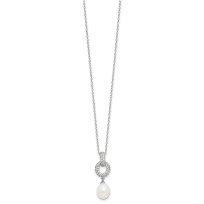 Sterling Silver Rhodium-plated 7-9mm White Teardrop Freshwater Cultured Pearl and CZ 17 inch Necklace and Post Dangle Earrings Set