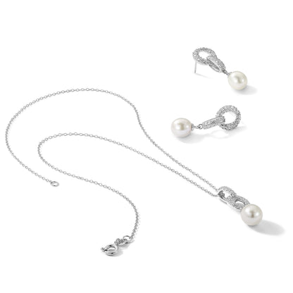 Sterling Silver Rhodium-plated 7-9mm White Teardrop Freshwater Cultured Pearl and CZ 17 inch Necklace and Post Dangle Earrings Set