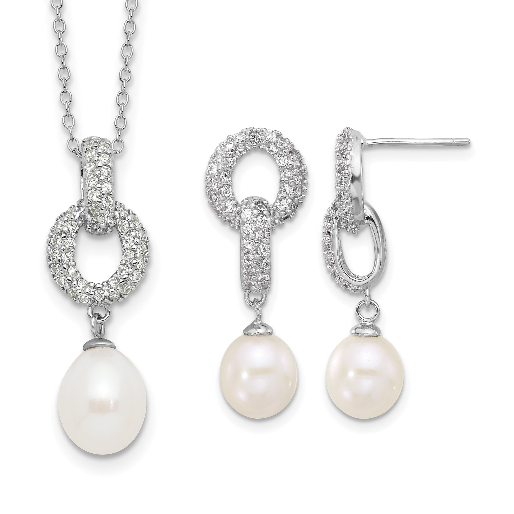 Sterling Silver Rhodium-plated 7-9mm White Teardrop Freshwater Cultured Pearl and CZ 17 inch Necklace and Post Dangle Earrings Set