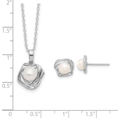 Sterling Silver Rhodium-plated 5-7mm White Button Freshwater Cultured Pearl 18 inch Necklace and Post Earrings Set