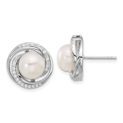 Sterling Silver Rhodium-plated 8-10mm White Button Freshwater Cultured Pearl and CZ 17 inch Necklace and Post Earrings Set