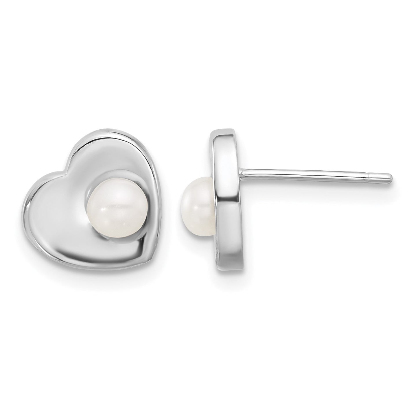 Sterling Silver Rhodium-plated 4-7mm White Button Freshwater Cultured Pearl 17.5 inch Heart Necklace and Post Earrings Set