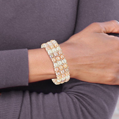 6-7mm Button White/Pink/Peach Freshwater Cultured Pearl and Glass Beaded 3-row Stretch Bracelet