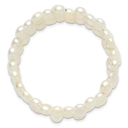Sterling Silver Rhodium-plated 6-7mm Button White Freshwater Cultured Pearl Flexible Wrap Bracelet