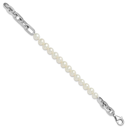 Sterling Silver Rhodium-plated 7-8mm Round White Freshwater Cultured Pearl and Link 8 inch Bracelet