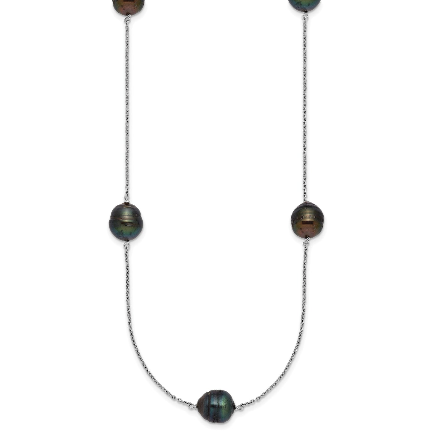 Sterling Silver Rhodium-plated 9-10mm Baroque Black Tahitian Saltwater Cultured Pearl 5-Station 18 inch Necklace