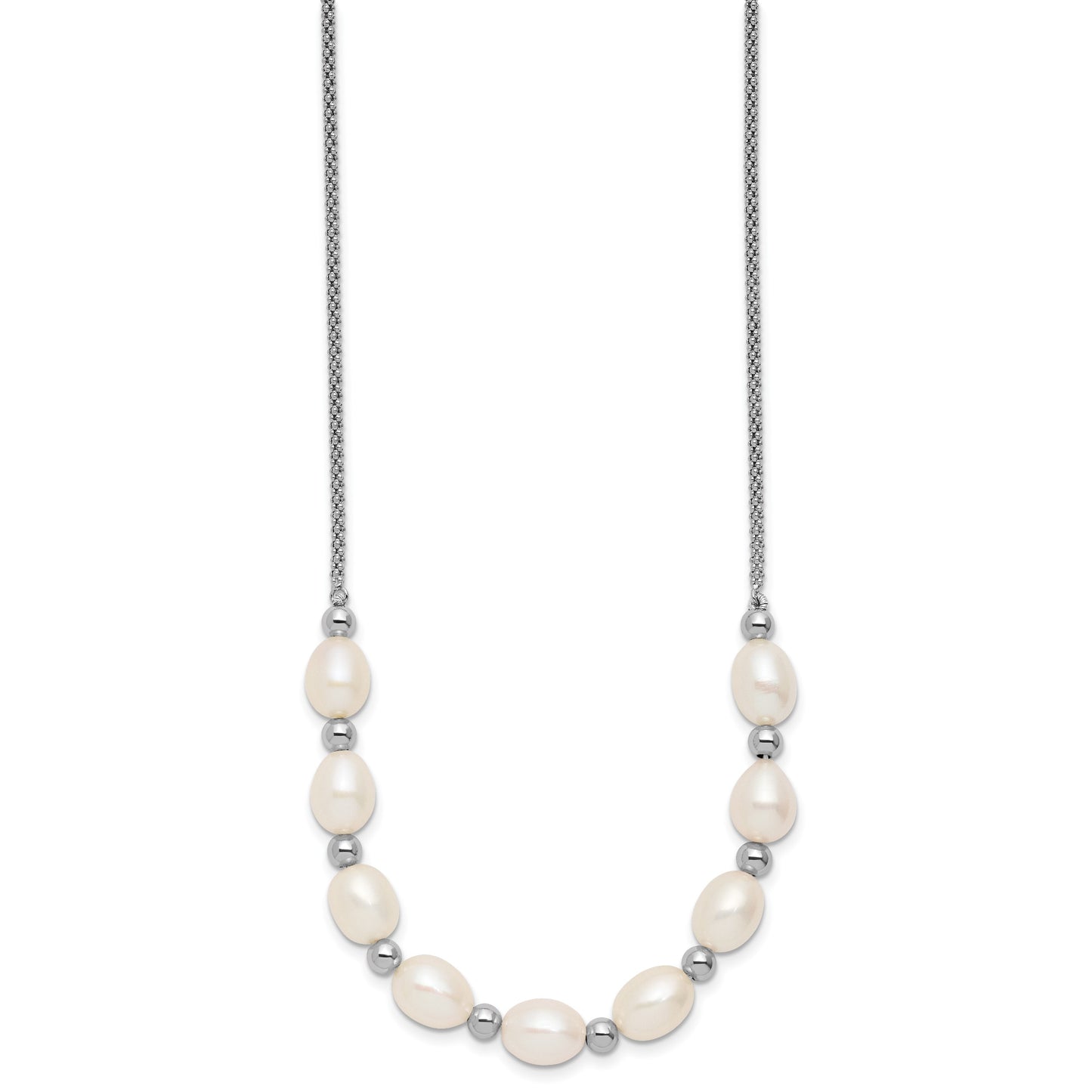 Sterling Silver Rhodium-plated Polished and Beaded 7-8mm Freshwater Cultured Rice Pearl 16 Inch with 2 Inch Extension Necklace