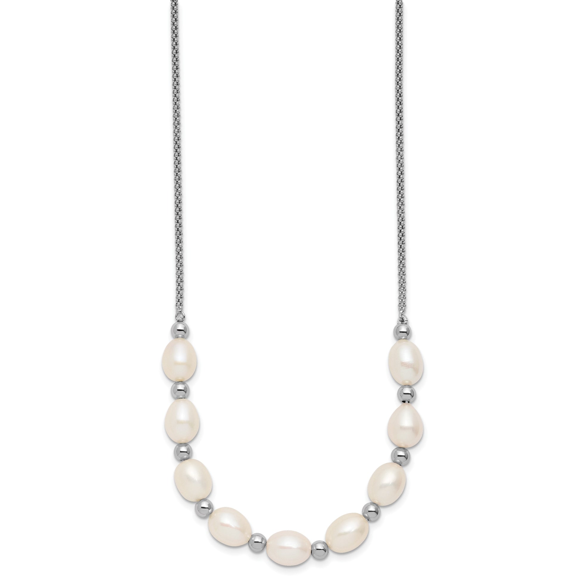 Sterling Silver Rhodium-plated Polished and Beaded 7-8mm Freshwater Cultured Rice Pearl 16 Inch with 2 Inch Extension Necklace