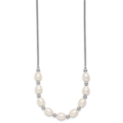 Sterling Silver Rhodium-plated Polished and Beaded 7-8mm Freshwater Cultured Rice Pearl 16 Inch with 2 Inch Extension Necklace
