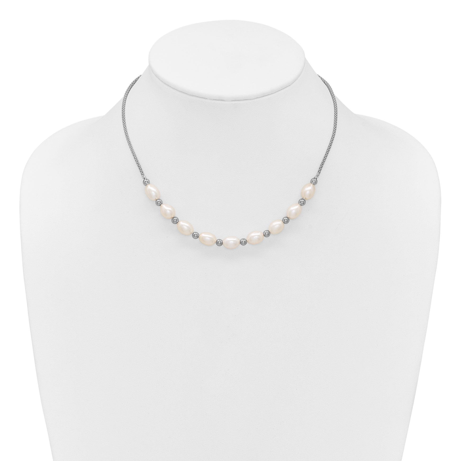 Sterling Silver Rhodium-plated Polished and Beaded 7-8mm Freshwater Cultured Rice Pearl 16 Inch with 2 Inch Extension Necklace