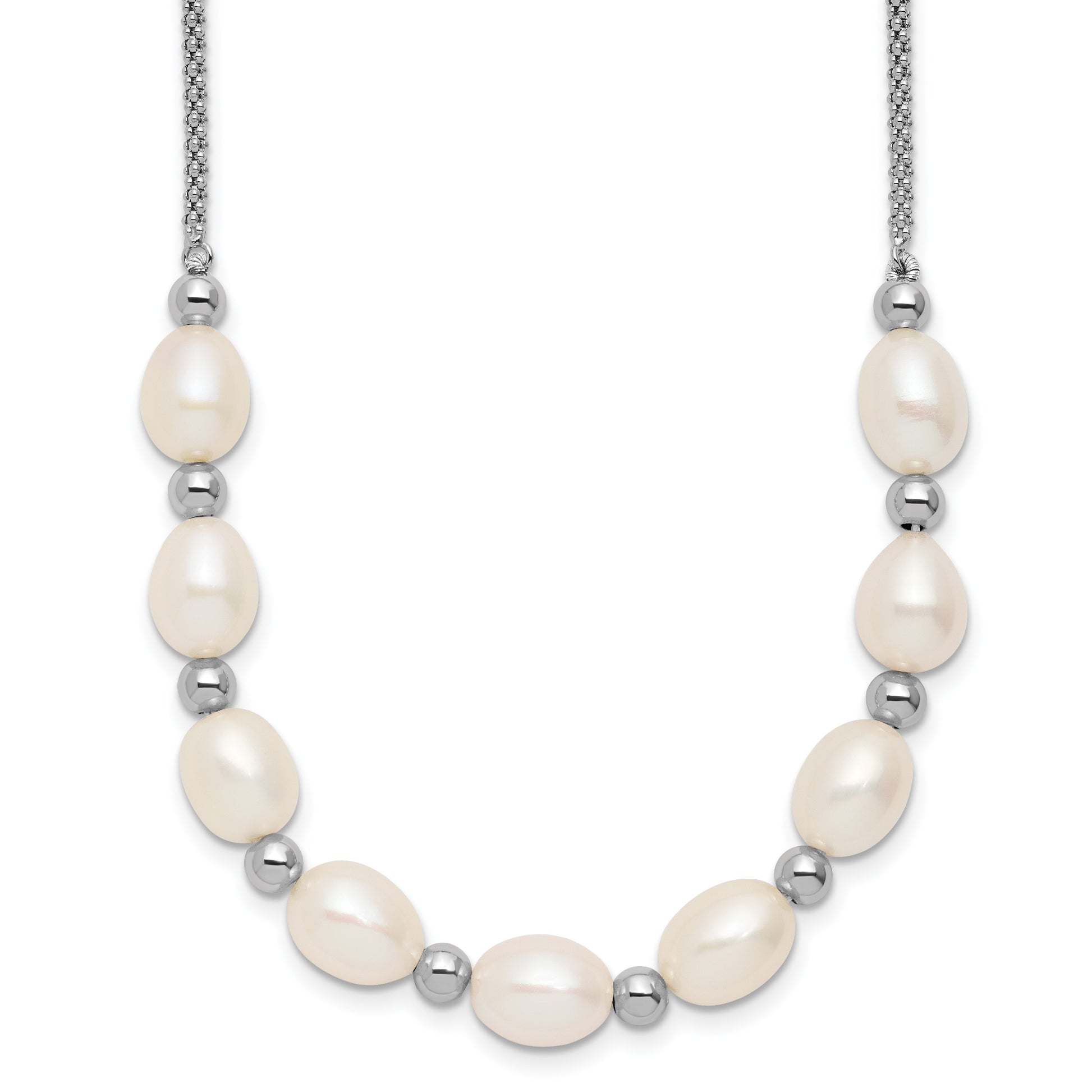 Sterling Silver Rhodium-plated Polished and Beaded 7-8mm Freshwater Cultured Rice Pearl 16 Inch with 2 Inch Extension Necklace